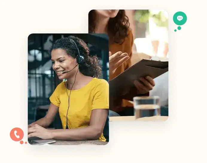 An Evalandgo adviser on a video call wearing a headset, and a participant taking notes